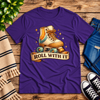 Roll With It retro introvert graphic t-shirt cozy flat lay in team purple.