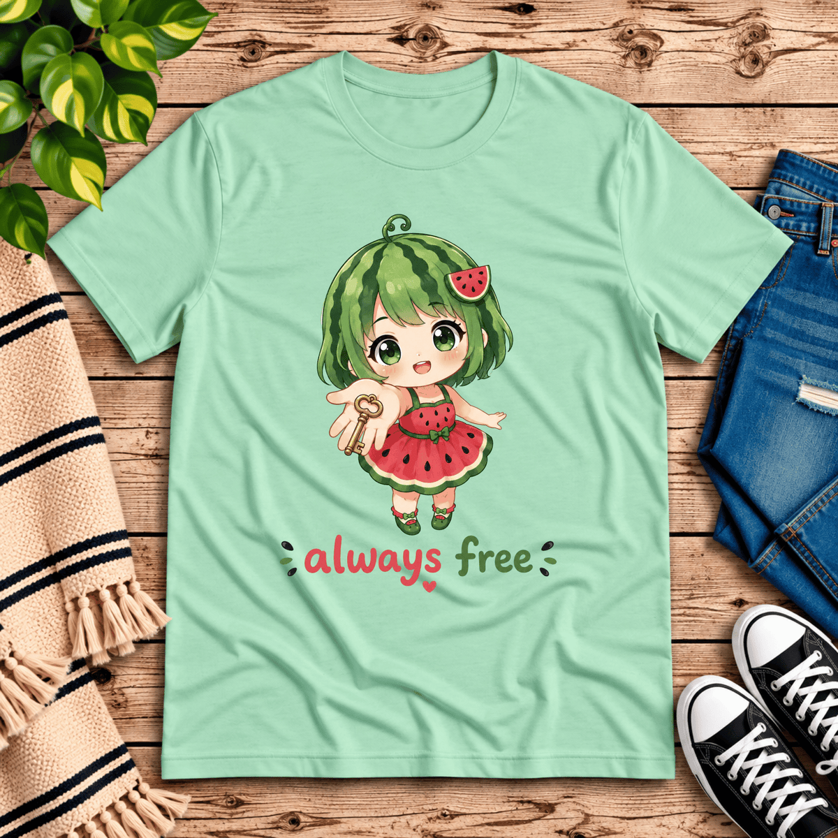 Always Free cute food kawaii graphic t-shirt cozy flat lay in mint.