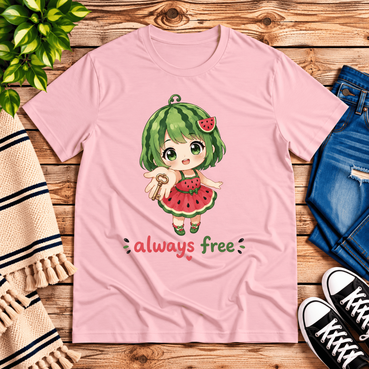 Always Free cute food kawaii graphic t-shirt cozy flat lay in pink.