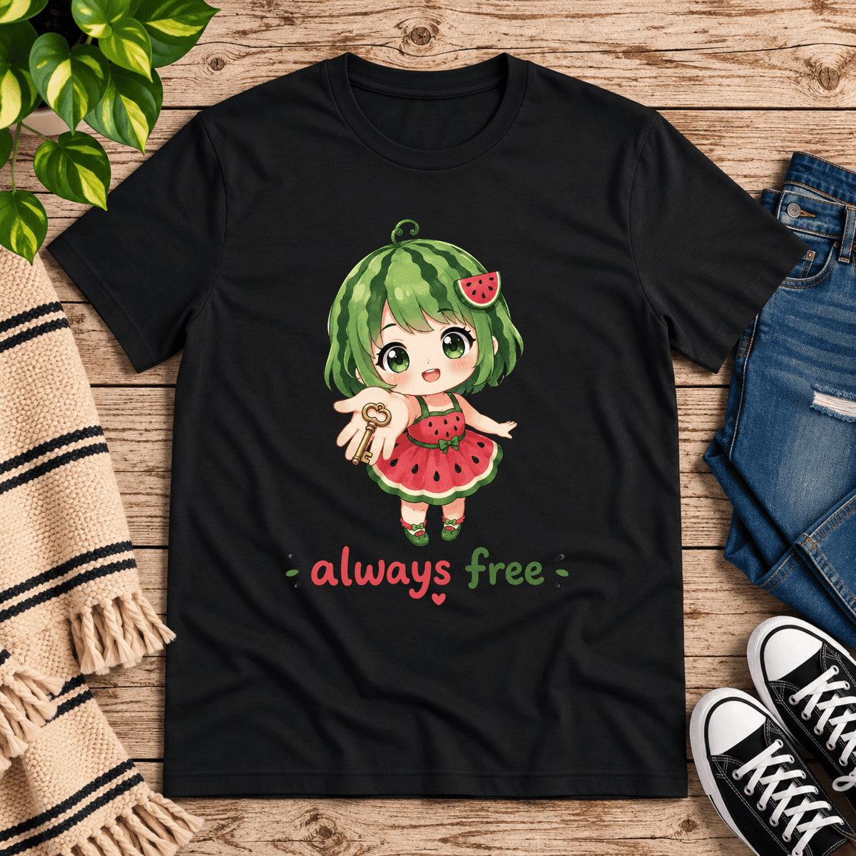 Always Free cute food kawaii graphic t-shirt cozy flat lay in vintage black.