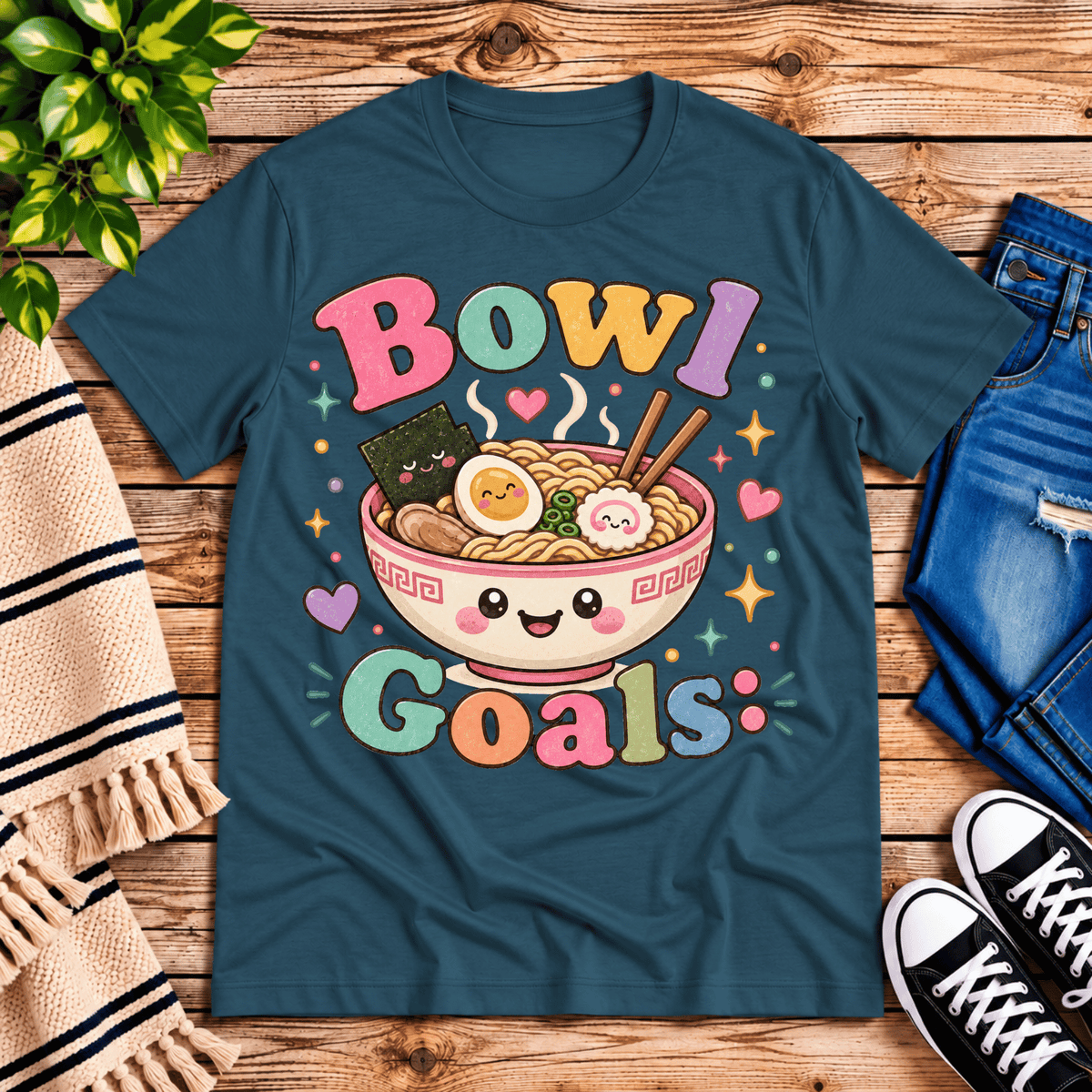 Bowl Goals cute food graphic t-shirt cozy flat lay in deep teal.