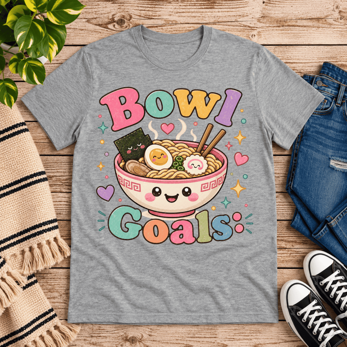 Bowl Goals cute food graphic t-shirt cozy flat lay in athletic heather.