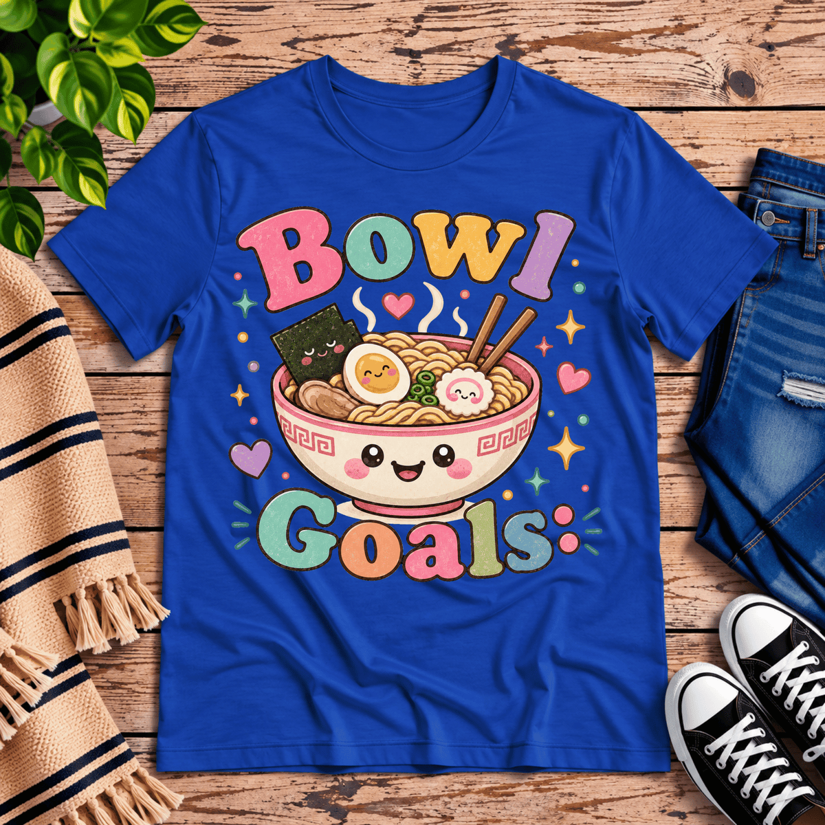 Bowl Goals cute food graphic t-shirt cozy flat lay in true royal.