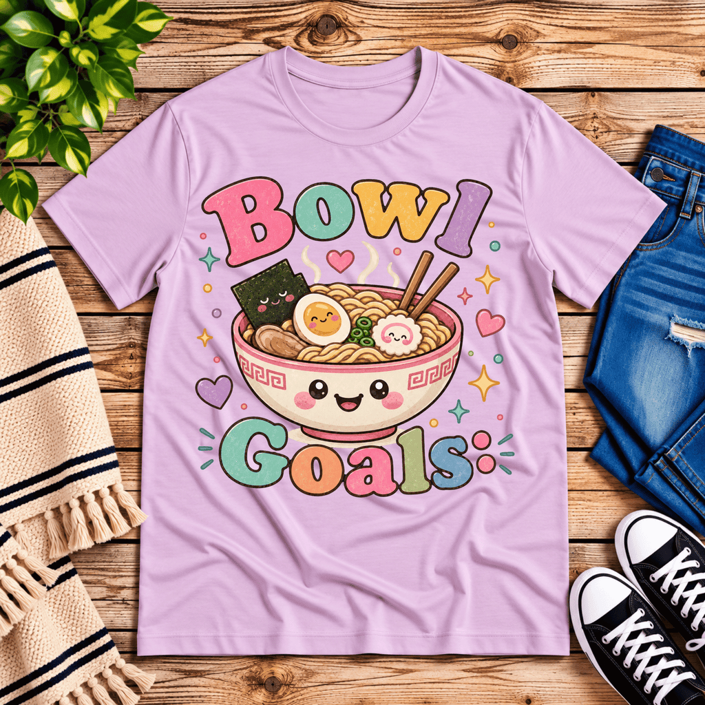 Bowl Goals cute food graphic t-shirt cozy flat lay in lilac.