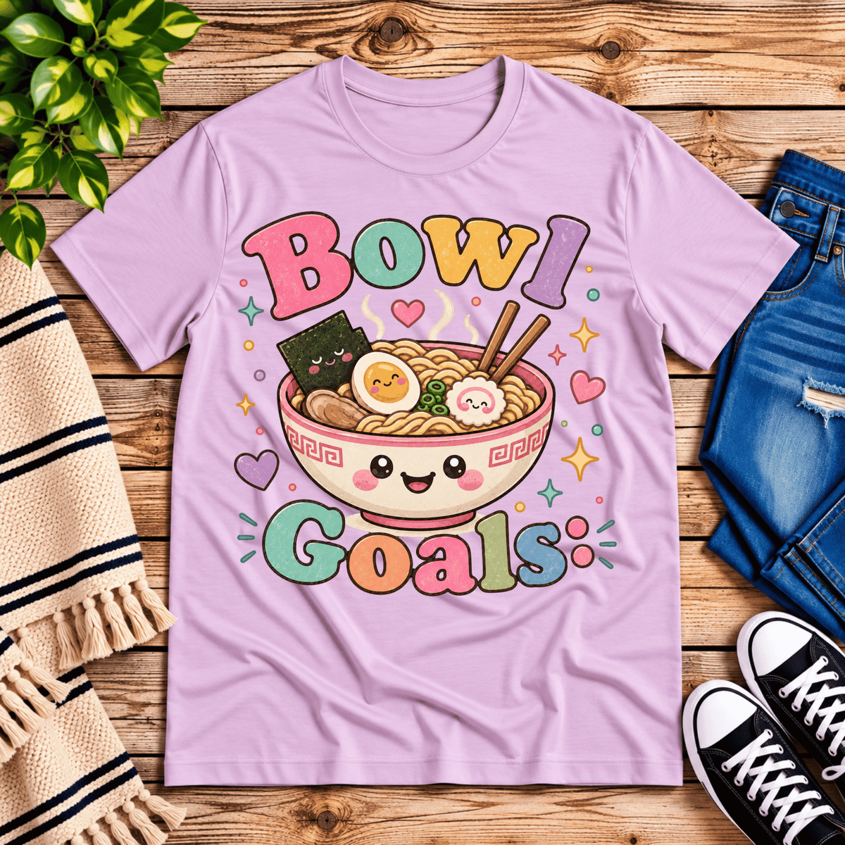 Bowl Goals cute food graphic t-shirt cozy flat lay in lilac.