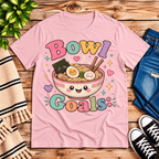 Bowl Goals cute food graphic t-shirt cozy flat lay in pink.