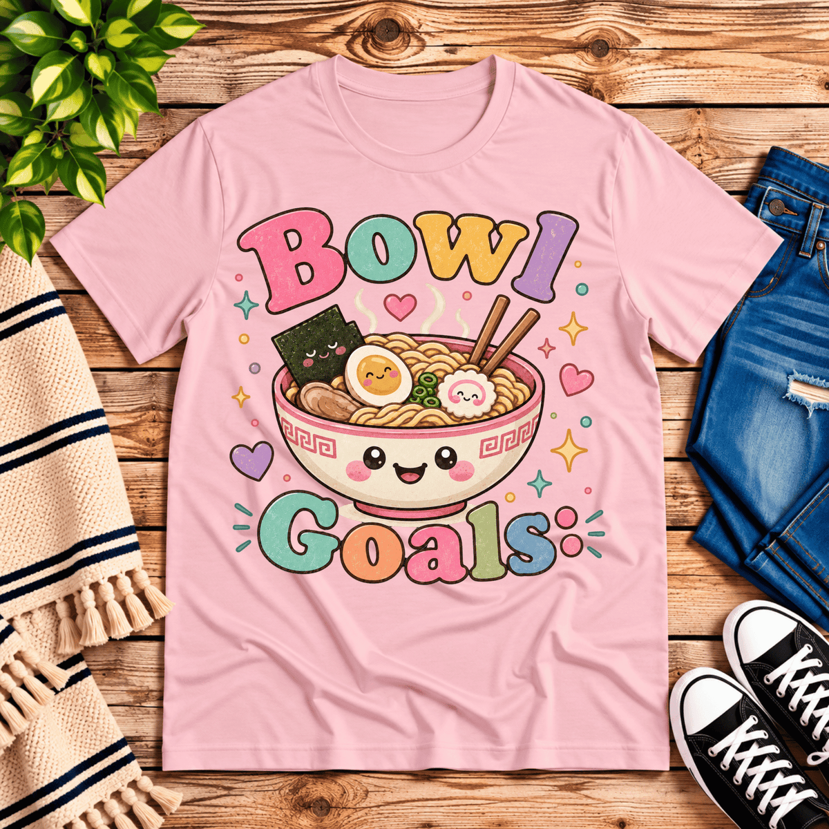 Bowl Goals cute food graphic t-shirt cozy flat lay in pink.