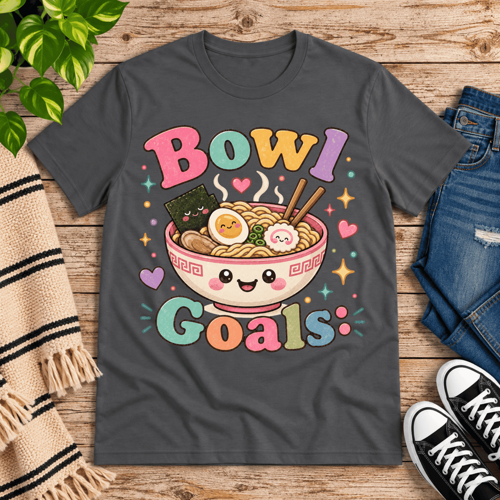 Bowl Goals cute food graphic t-shirt cozy flat lay in asphalt.