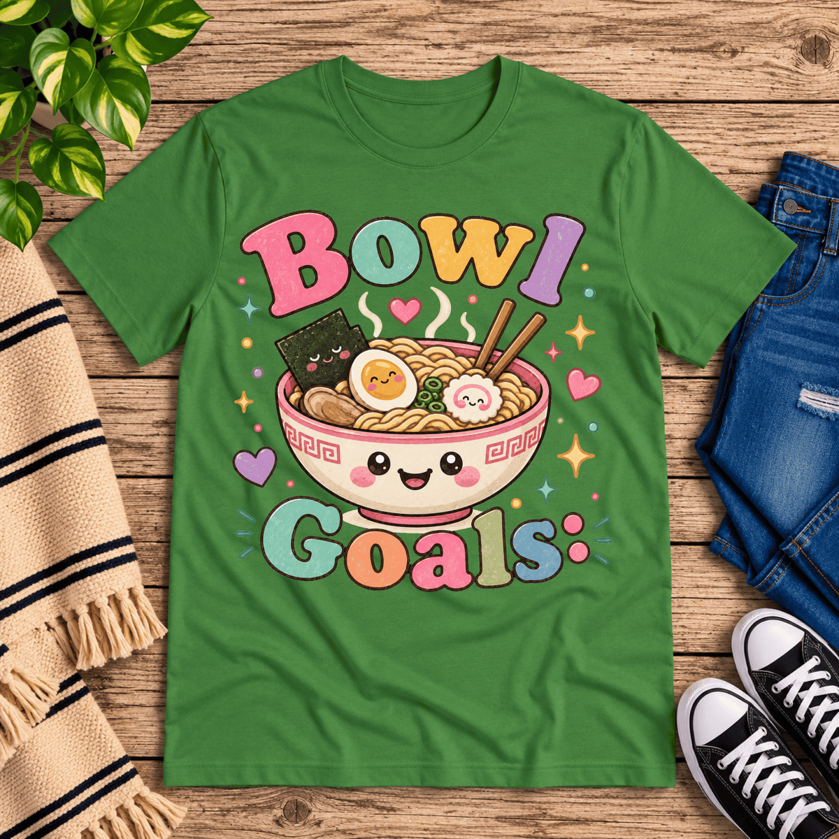 Bowl Goals cute food graphic t-shirt cozy flat lay in leaf.