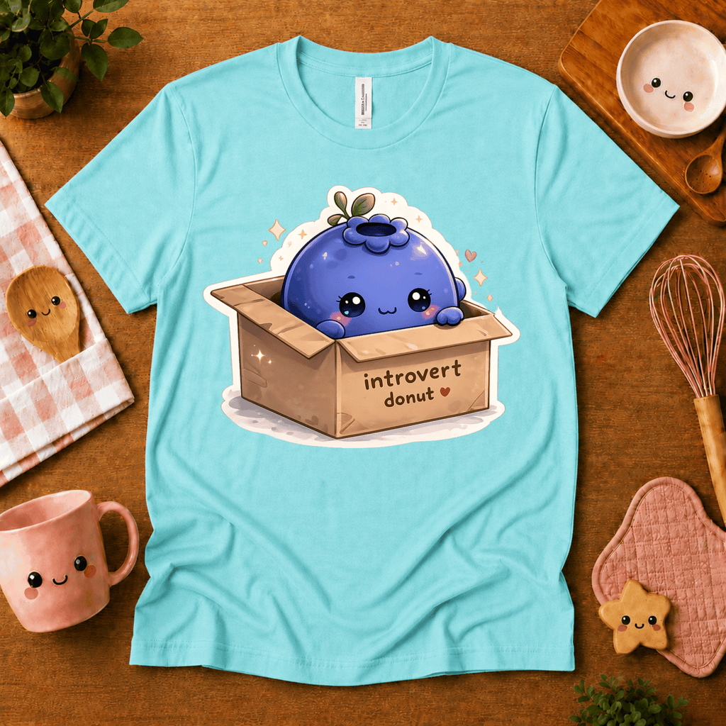 Blueberry Box cute food graphic t-shirt in cozy flat lay in aqua.