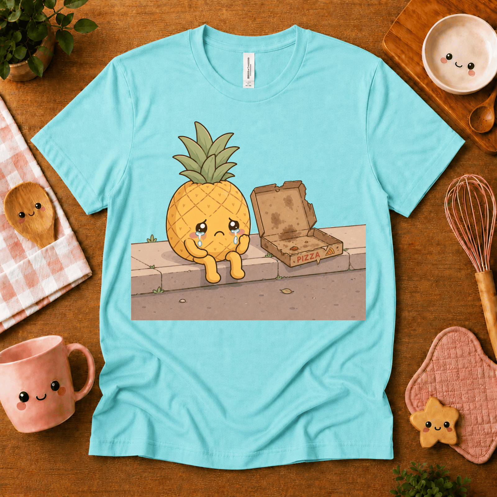Pineapple Pizza cute food graphic t-shirt cozy flat lay in aqua.