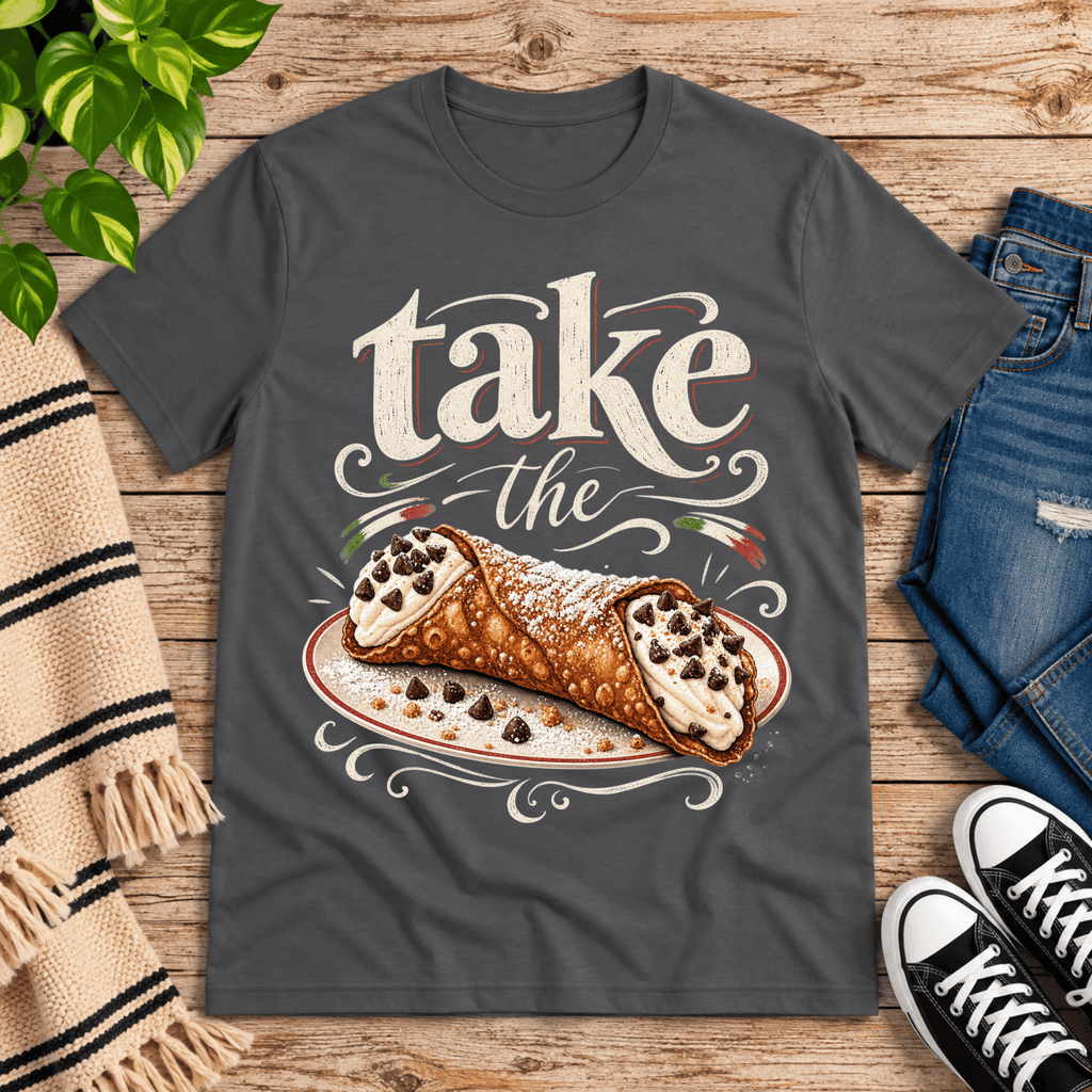 Cannoli cute food graphic t-shirt cozy flat lay in asphalt.