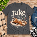 Cannoli cute food graphic t-shirt cozy flat lay in asphalt.