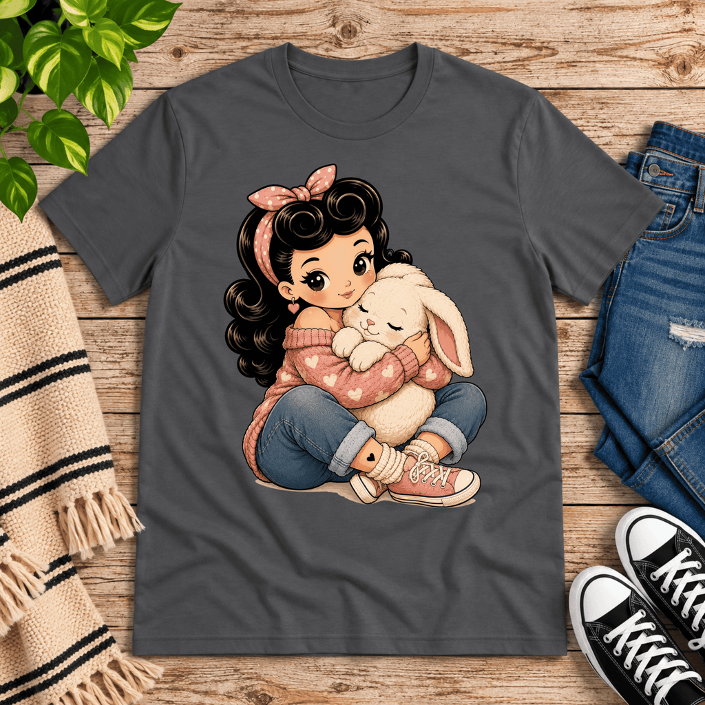 Bunny Bonnie cute pinup graphic t-shirt cozy flat lay in asphalt.