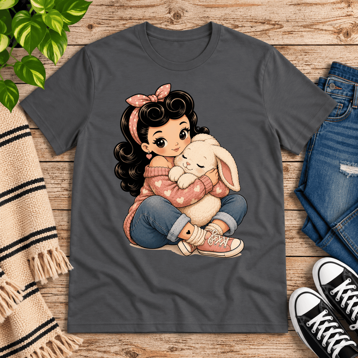 Bunny Bonnie cute pinup graphic t-shirt cozy flat lay in asphalt.