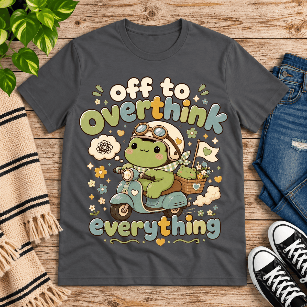 Overthink Frog cute animal graphic t-shirt cozy flat lay in asphalt.