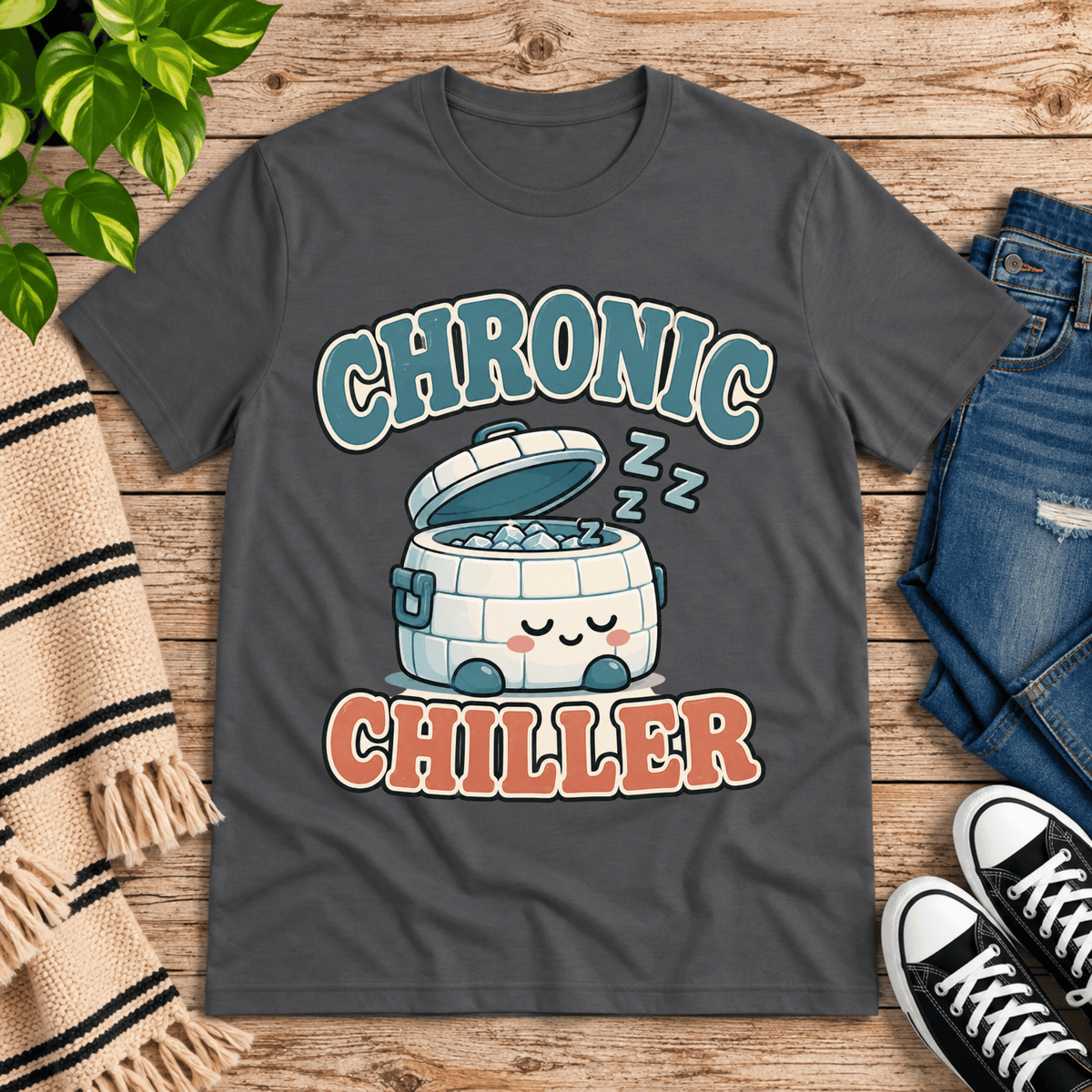 Chronic Chiller funny introvert graphic t-shirt cozy flat lay in asphalt.