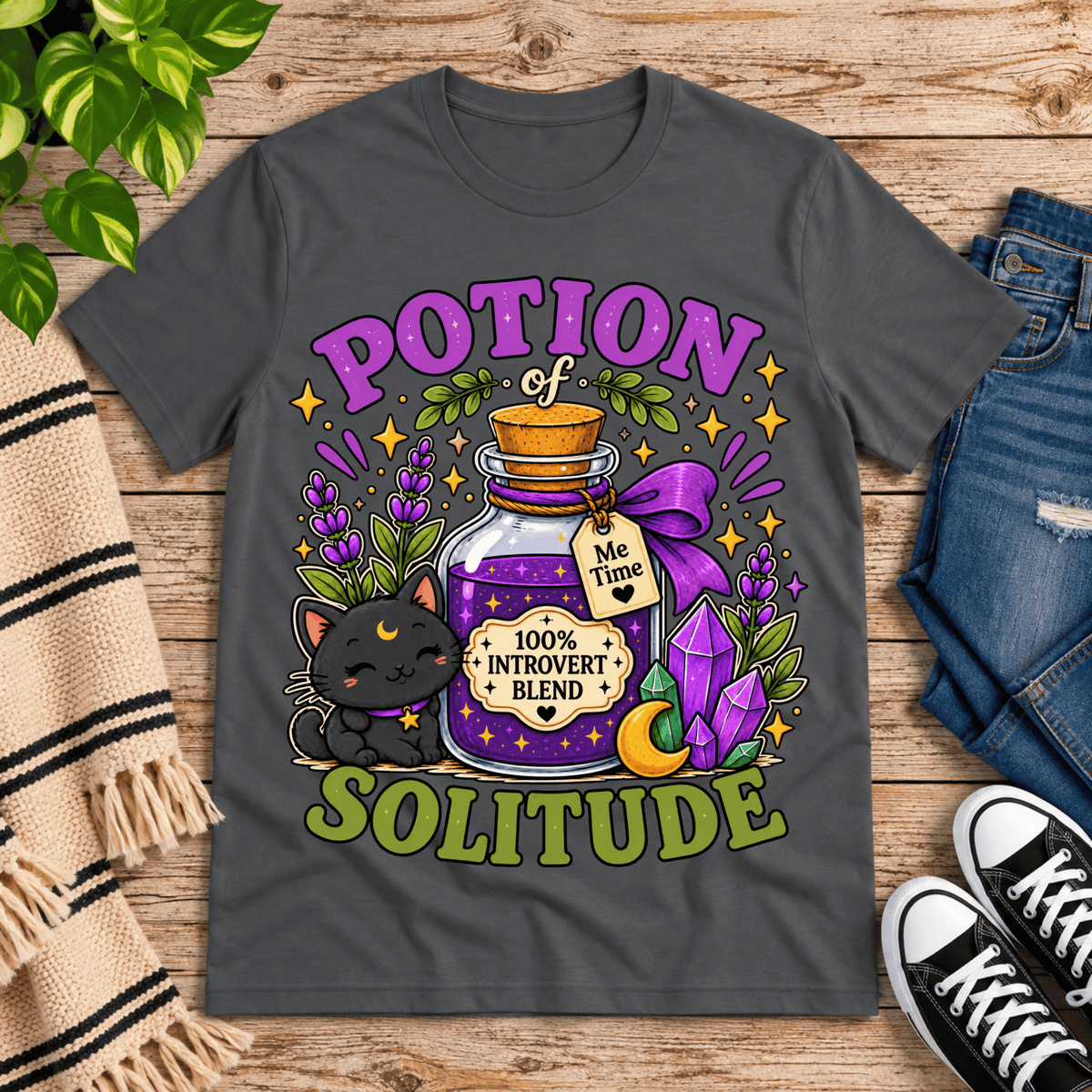Potion Of Solitude cute celestial graphic t-shirt cozy flat lay in asphalt.