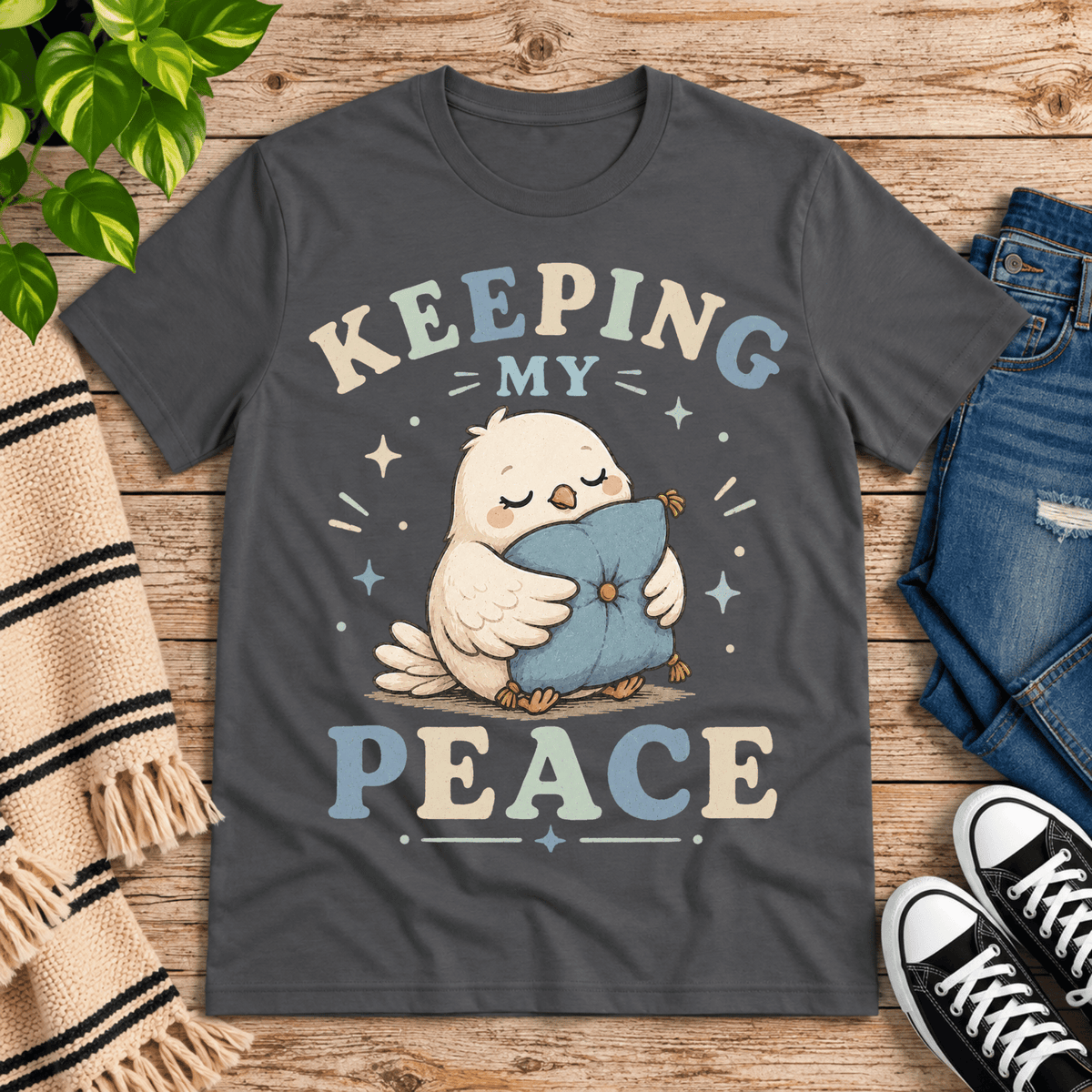 Keeping My Peace cute animal graphic t-shirt cozy flat lay in asphalt.