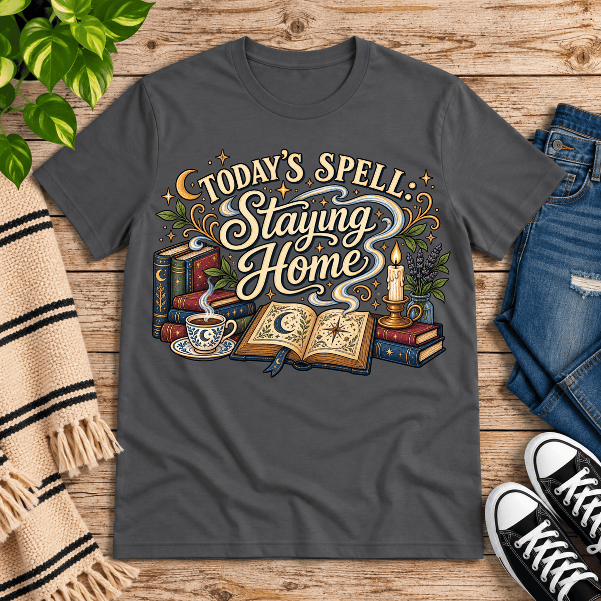Today's Spell celestial witchy graphic t-shirt cozy flat lay in asphalt.