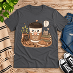 Good Coffee graphic t-shirt cozy flat lay in asphalt.