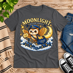 Moonlight Delivery cute animal graphic t-shirt cozy flat lay in asphalt.