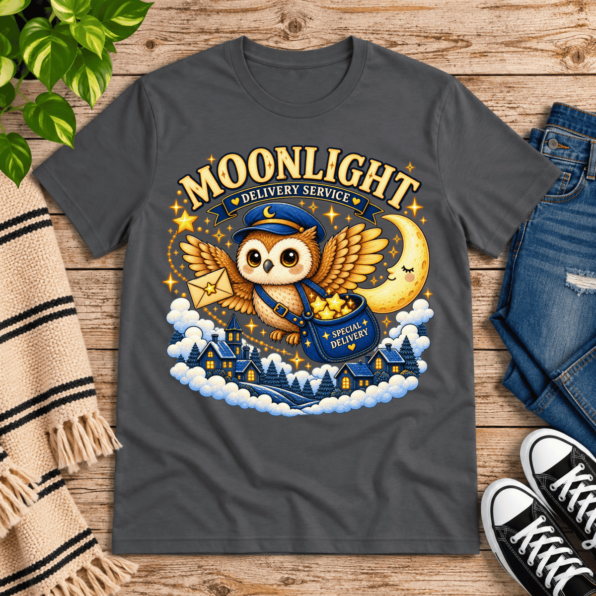 Moonlight Delivery cute animal graphic t-shirt cozy flat lay in asphalt.