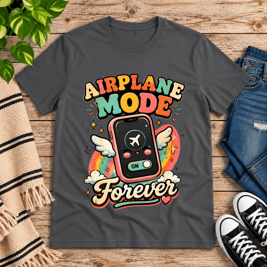 Airplane Mode funny introvert graphic t-shirt cozy flat lay in asphalt.