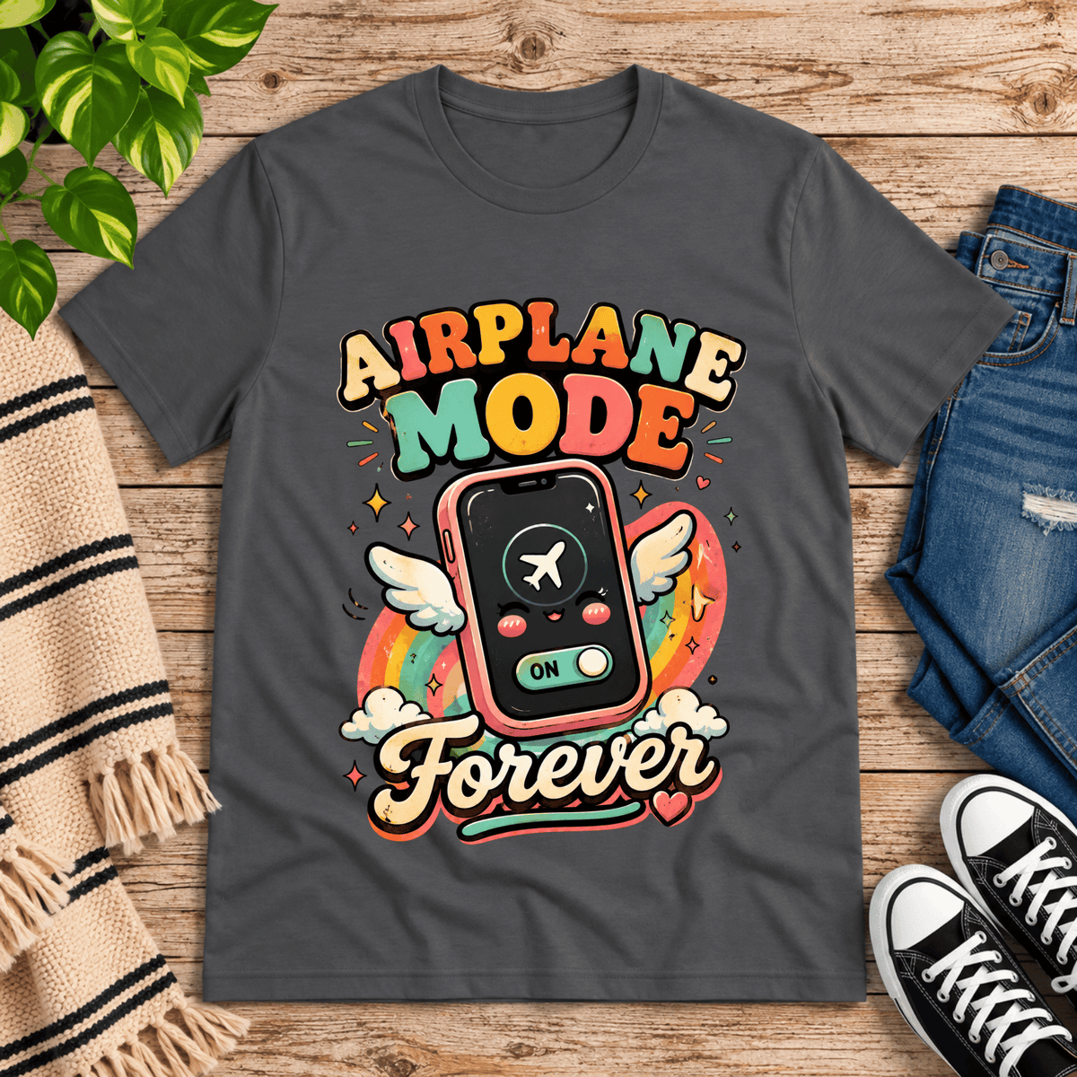 Airplane Mode funny introvert graphic t-shirt cozy flat lay in asphalt.