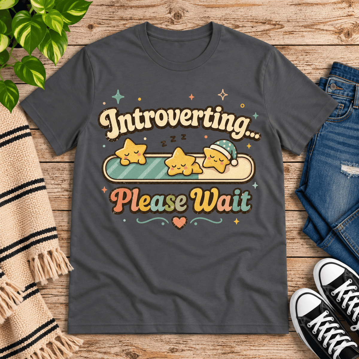 Introverting... Please wait cute kawaii  graphic t-shirt cozy flat lay in asphalt.