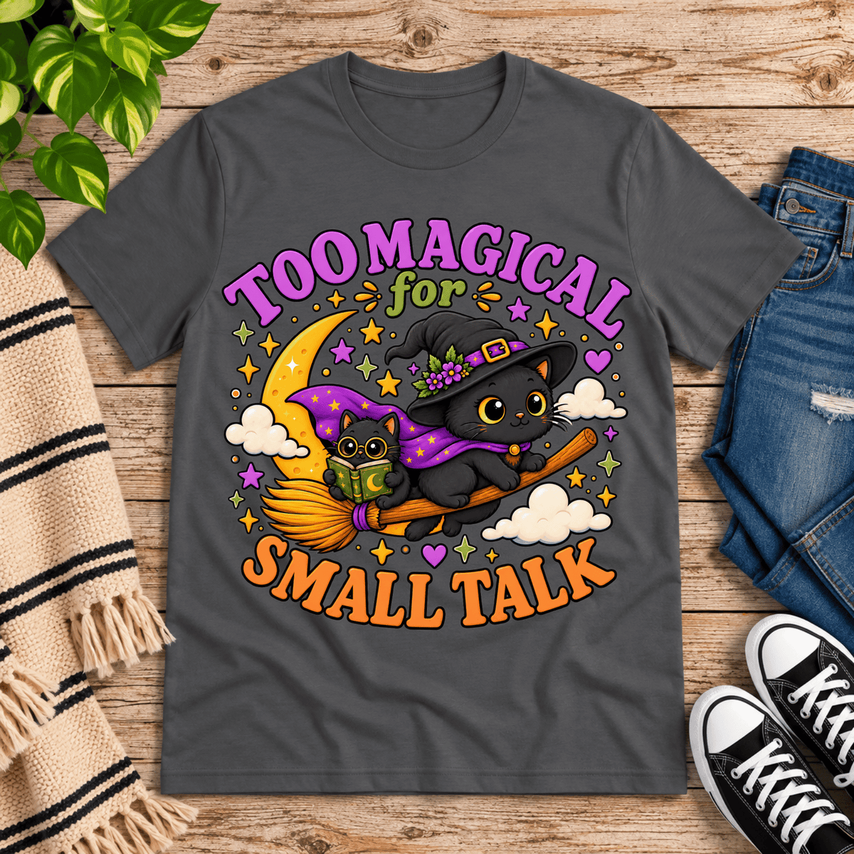 Too Magical cute celestial graphic t-shirt cozy flat lay in asphalt.