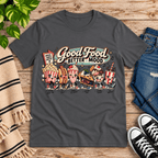 Good Food retro food graphic t-shirt cozy flat lay in asphalt.