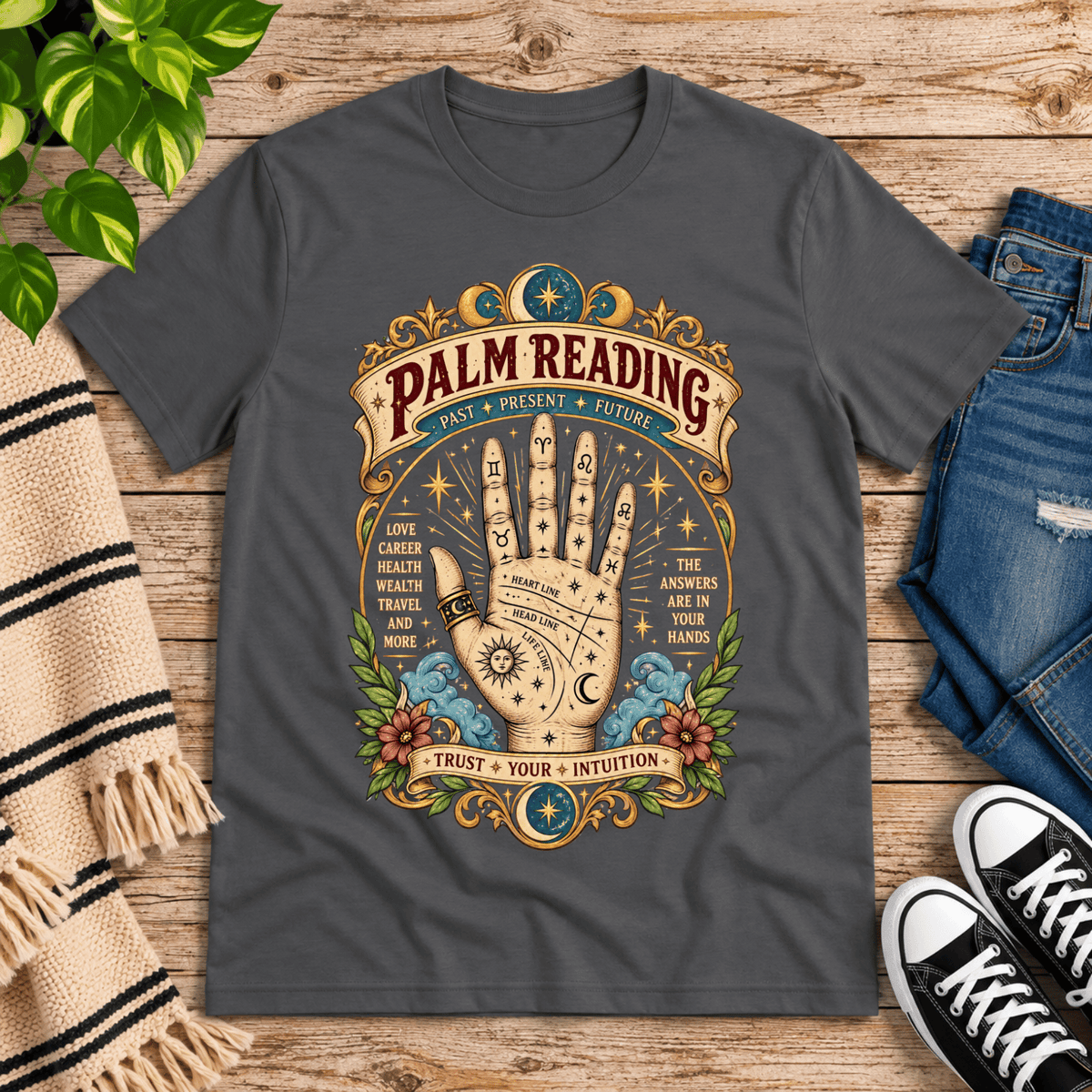 Palm Reading retro mystical graphic t-shirt cozy flat lay in asphalt.