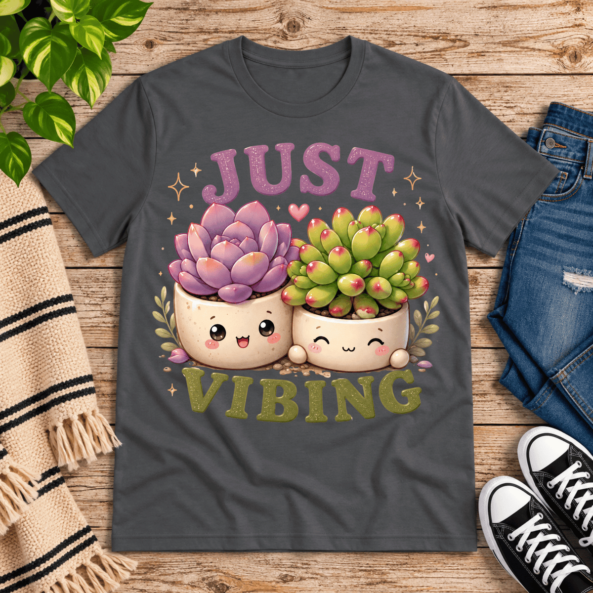 Succulent Vibing funny plant graphic t-shirt cozy flat lay in asphalt.