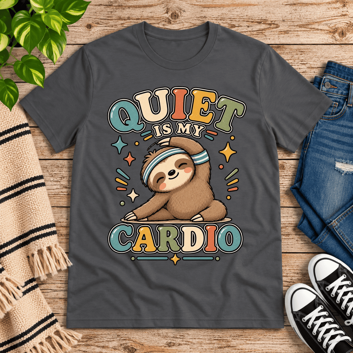 Quiet is My Cardio cute animal graphic t-shirt cozy flat lay in asphalt.