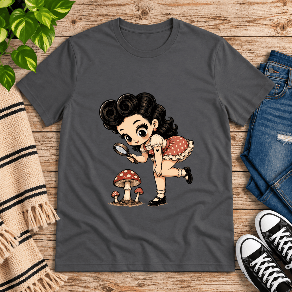 Mushroom Mabel cute pinup graphic t-shirt cozy flat lay in asphalt.