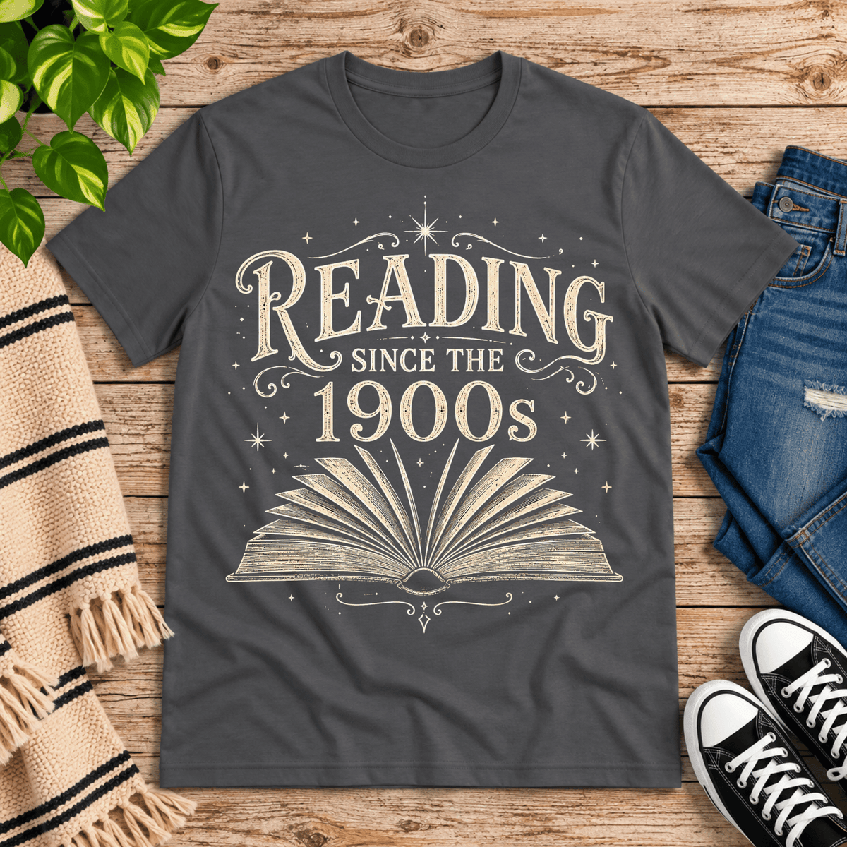See Jane Read vintage book graphic t-shirt cozy flat lay in asphalt.