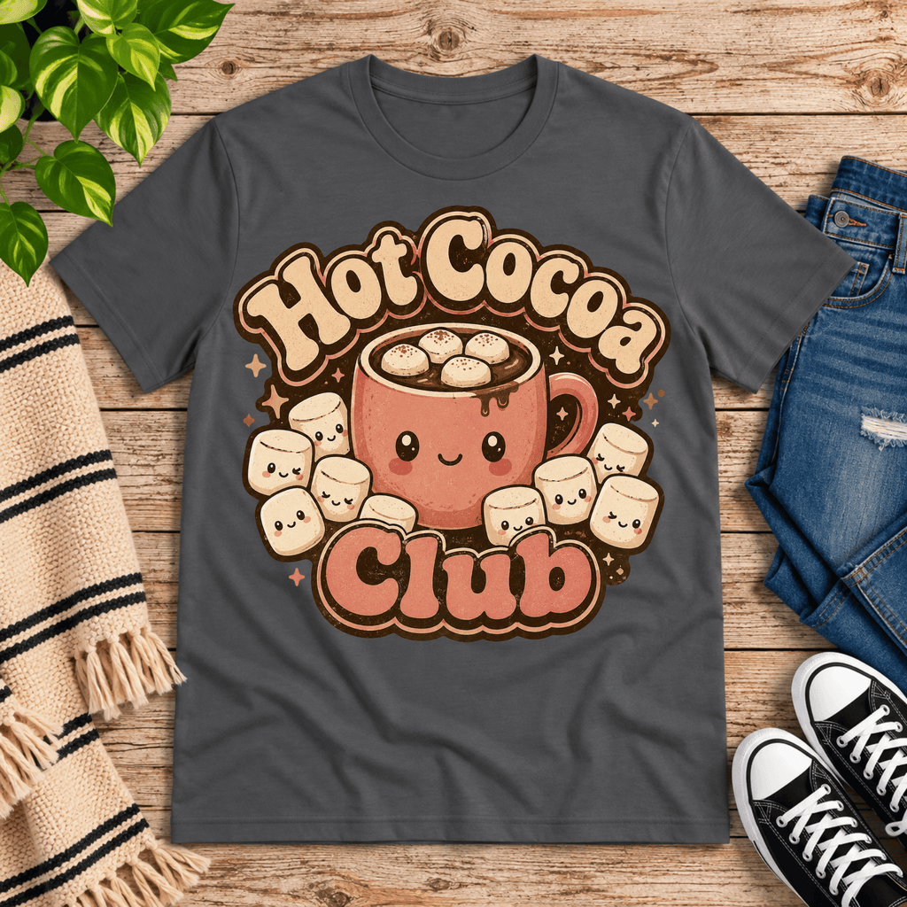 Hot Cocoa Club cute coffee graphic t-shirt cozy flat lay in asphalt.