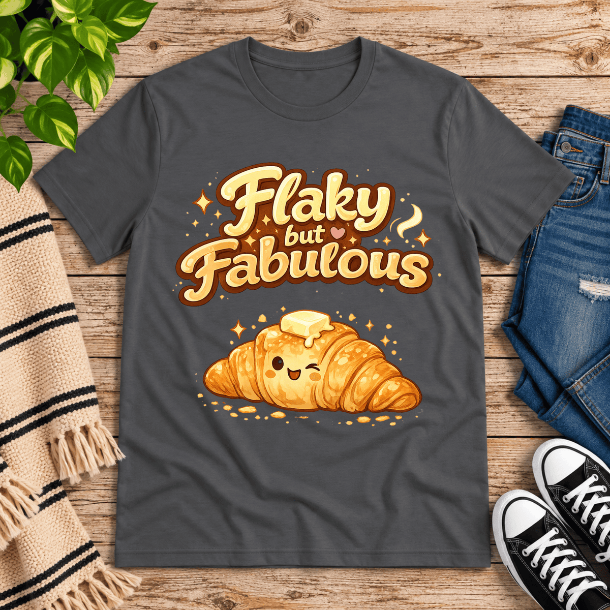 Flaky But Fabulous cute food graphic t-shirt cozy flat lay in asphalt.