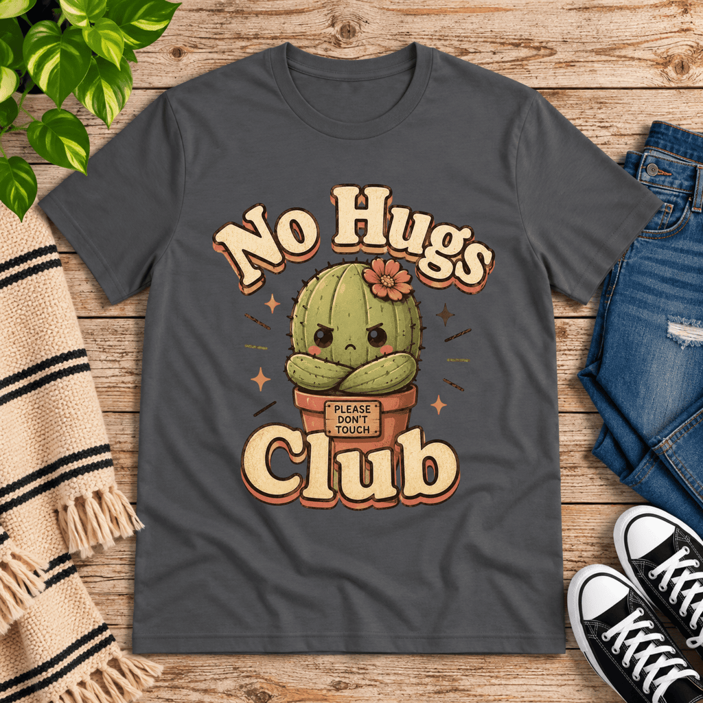 No Hugs Club funny cactus graphic t-shirt cozy flat lay in asphalt.