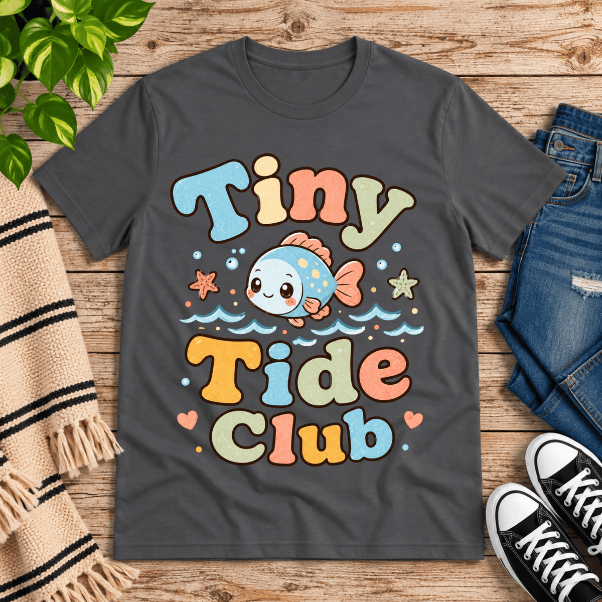 Tiny Tide Club cute animal graphic t-shirt cozy flat lay in asphalt.