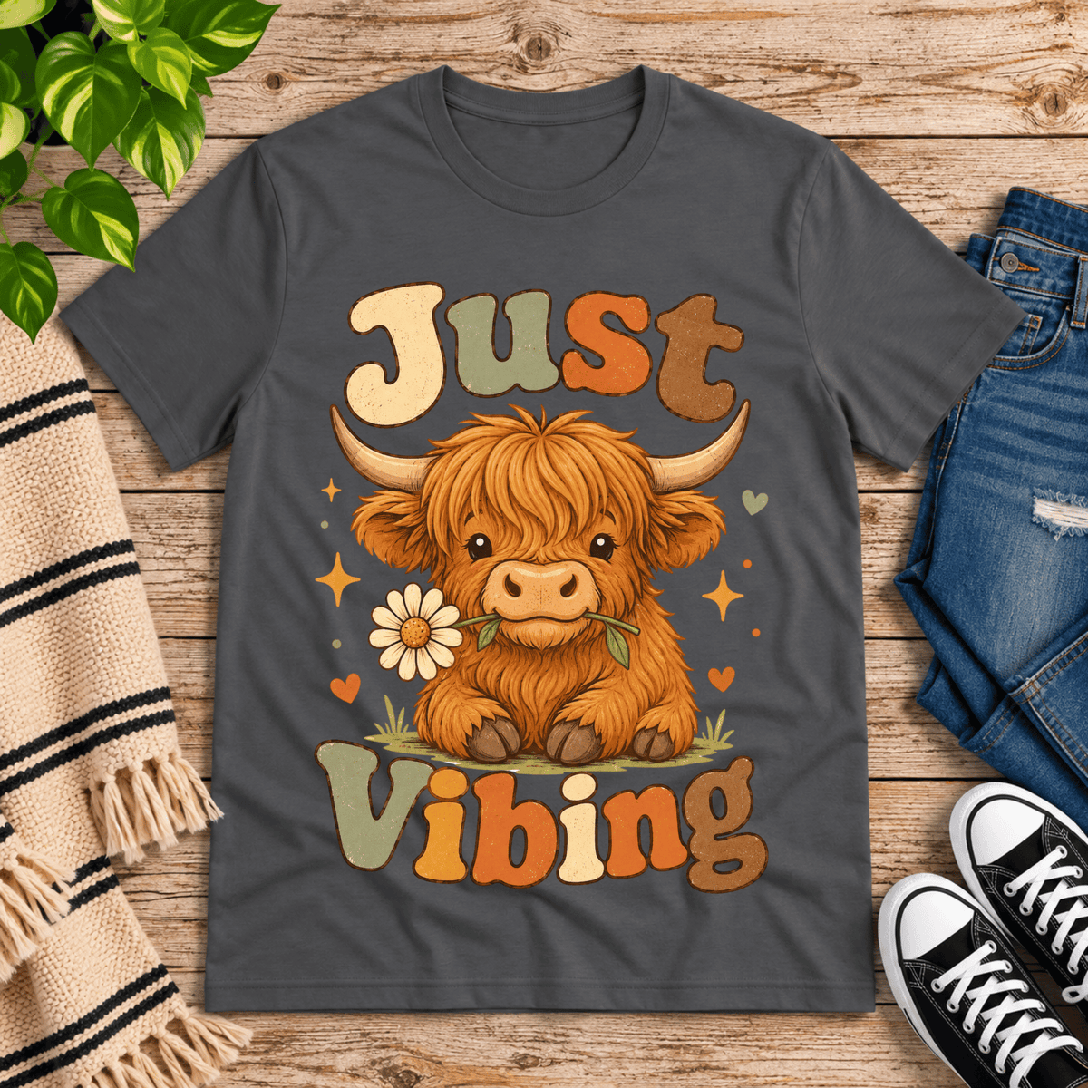 Just Vibing Cow cute animal graphic t-shirt cozy flat lay in asphalt.