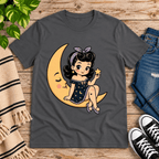Moonlight Millie cute pinup graphic t-shirt cozy flat lay in asphalt.