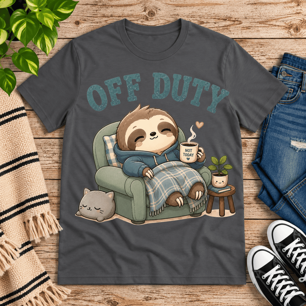 Off Duty cute animal graphic t-shirt cozy flat lay in asphalt.