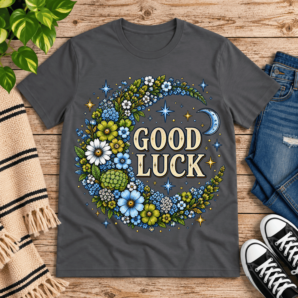 Good Luck In Blue cute celestial graphic t-shirt cozy flat lay in asphalt.