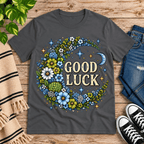 Good Luck In Blue cute celestial graphic t-shirt cozy flat lay in asphalt.