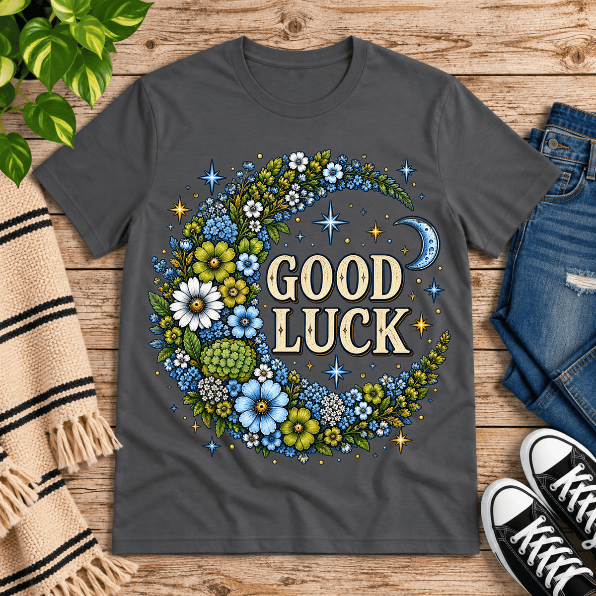 Good Luck In Blue cute celestial graphic t-shirt cozy flat lay in asphalt.