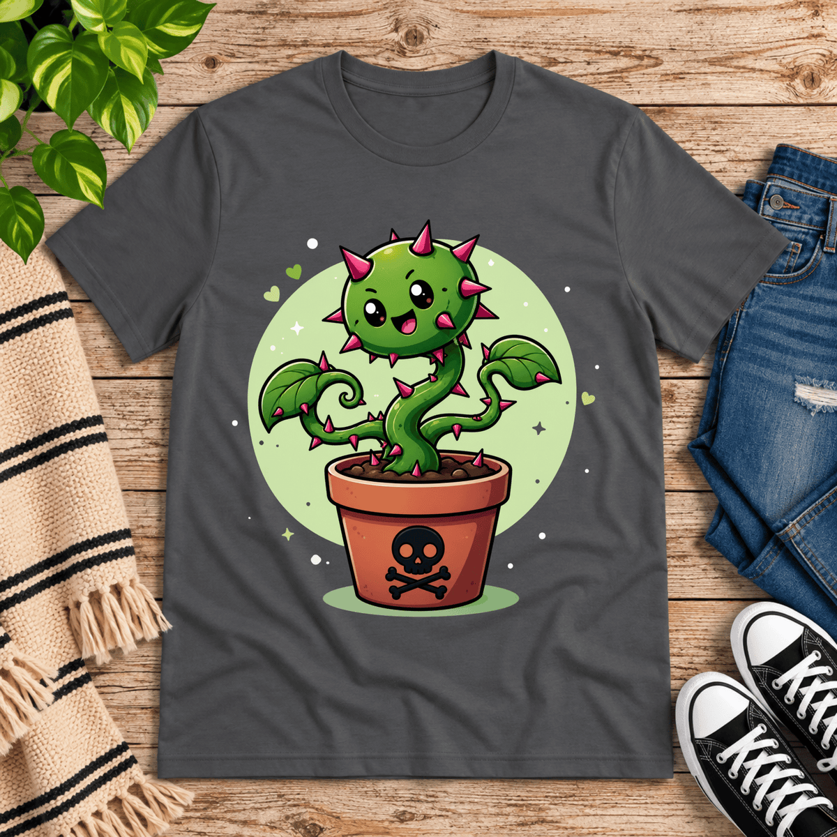 Poison Ivy cute plant graphic t-shirt cozy flat lay in asphalt.
