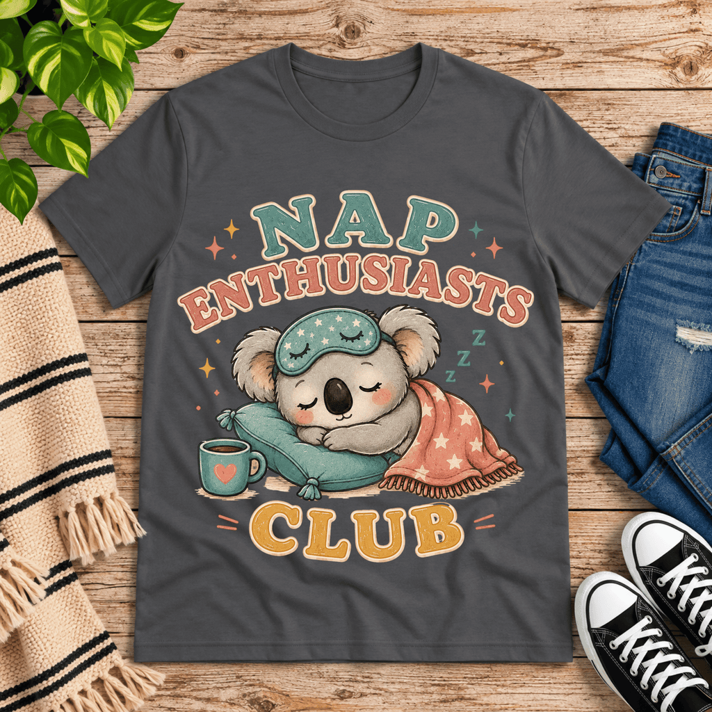 Nap Enthusiasts Club cute animal graphic t-shirt cozy flat lay in asphalt.