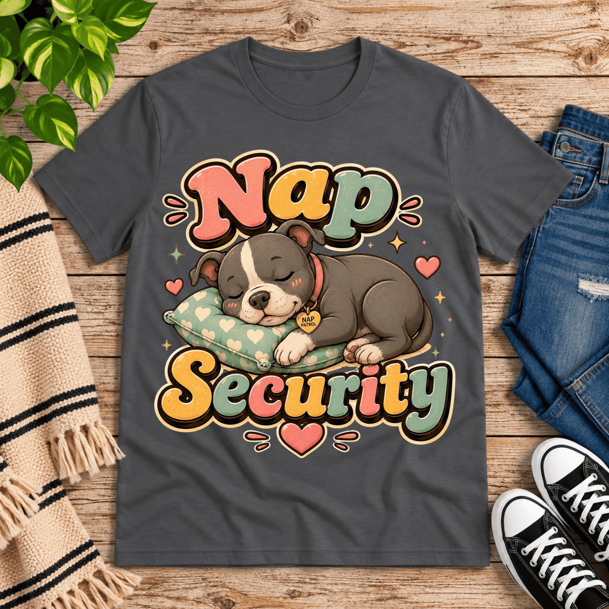 Nap Security cute animal graphic t-shirt cozy flat lay in asphalt.